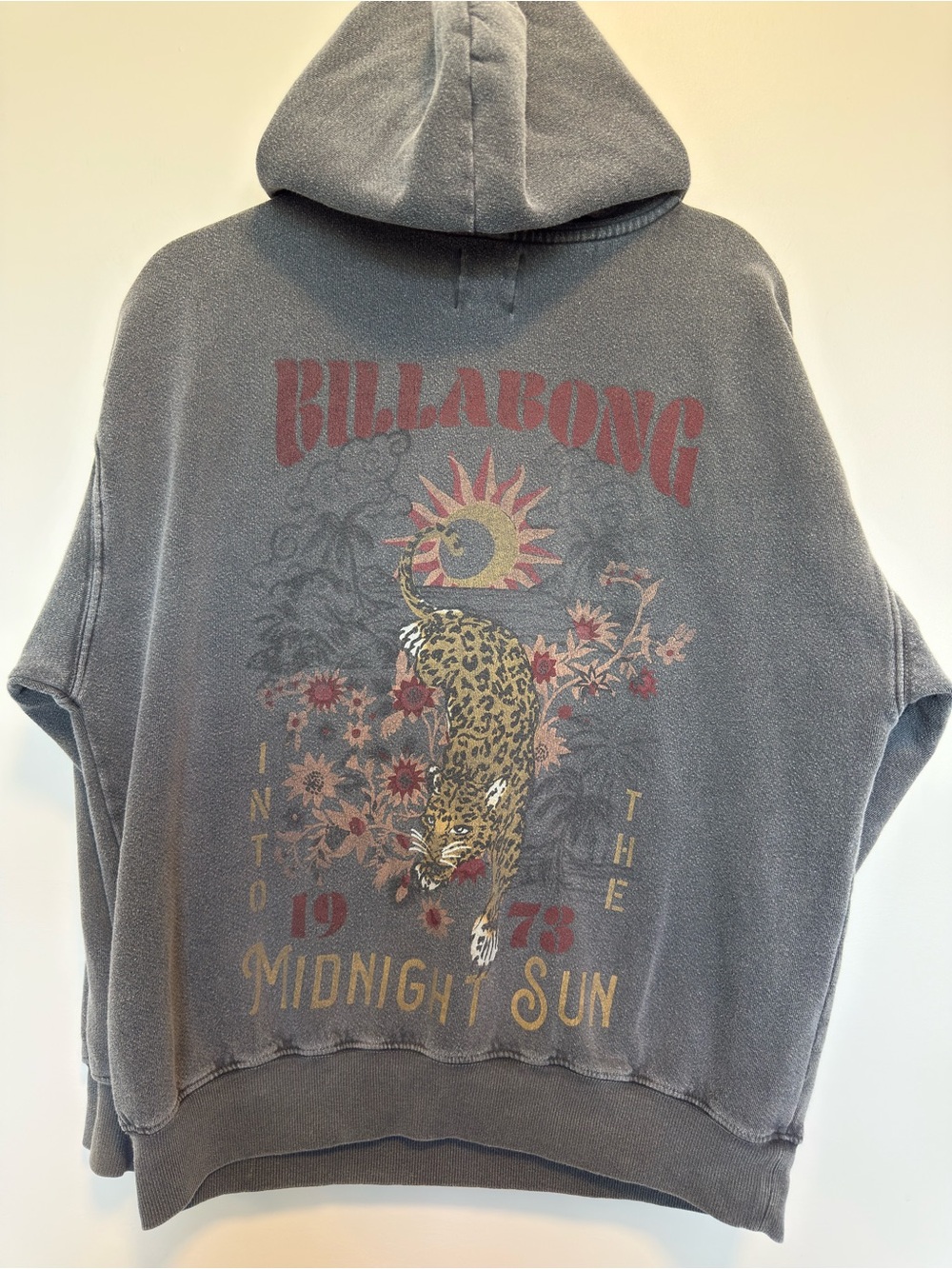 Vintage Billabong Gray Hoodie with Leopard "Into the Midnight Sun" Charcoal Grey